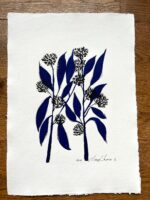 Original Painting Ink Blue Leaves and Florals
