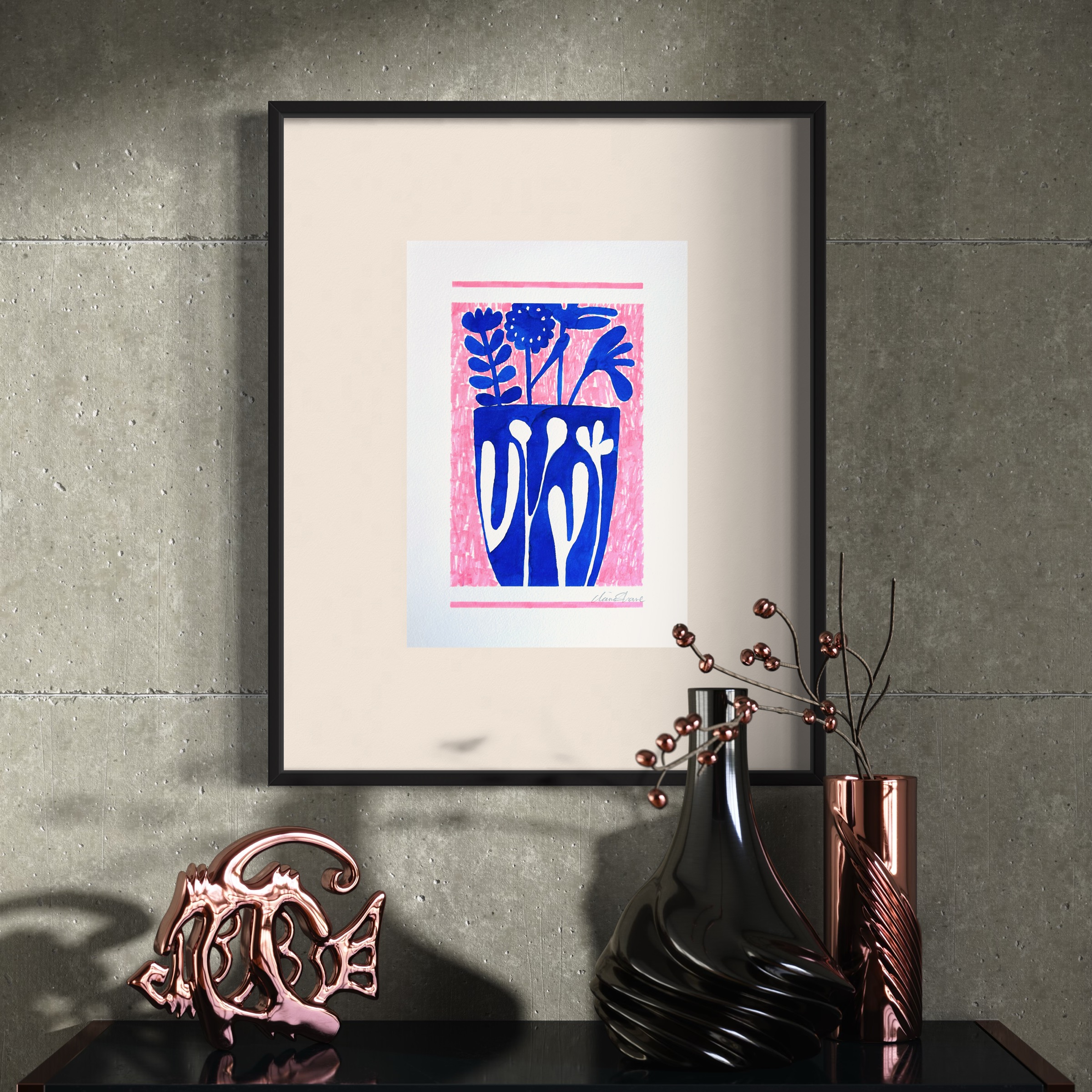 Original Abstract Ink Painting Blue flowers